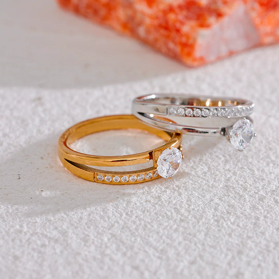 Anel Feminino Duplo com Zircônia Cúbica